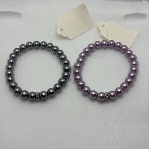 Set of Two Faux Pearl and Crystal Accent Stretch Bracelets
